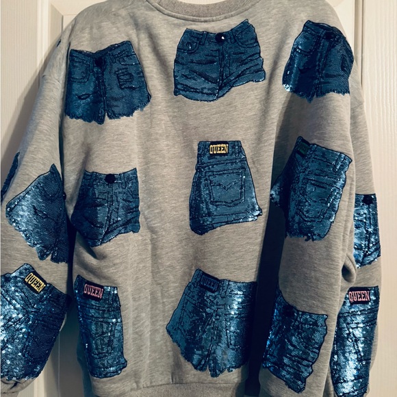 Queen Of Sparkles Gray Sweatshirt with Blue Sequin Design - Picture 4 of 5